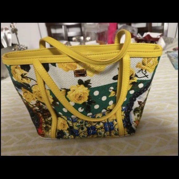 Dolce & Gabbana Yellow Floral and Green Polka Dot Tote